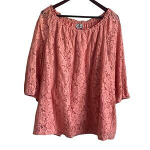 Catherines Women Top 2X Peach Floral Lace Overlay Eyelet Inlet‎ Flowy Feminine